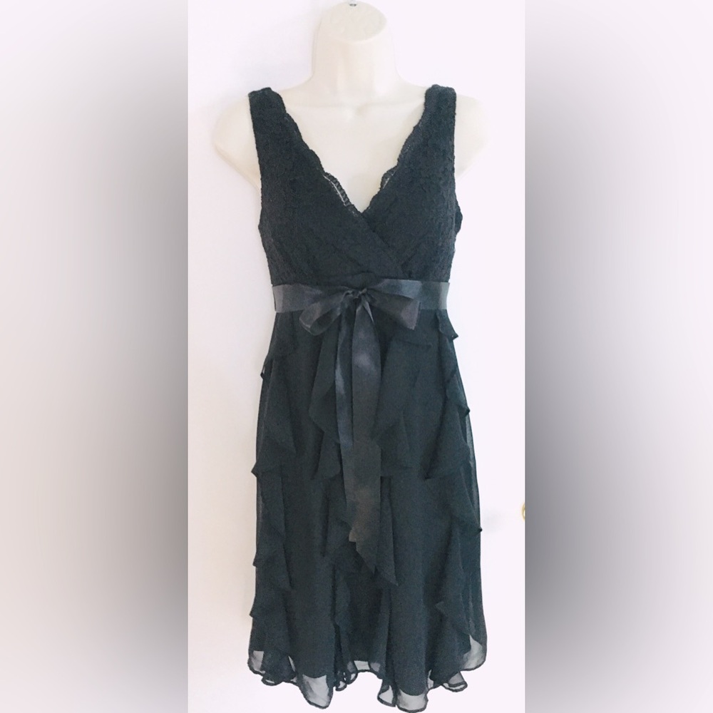 Dress Barn-Black Dress with lace and ruffles, tie back waist.